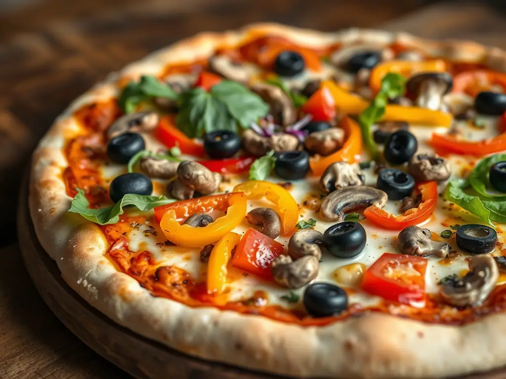 A visually appealing image of a Vegetarian pizza with a colorful assortment of fresh vegetables, including bell peppers, mushrooms, onions, and olives, on a crispy crust. The pizza is drizzled with olive oil, enhancing its vibrant colors and flavors.