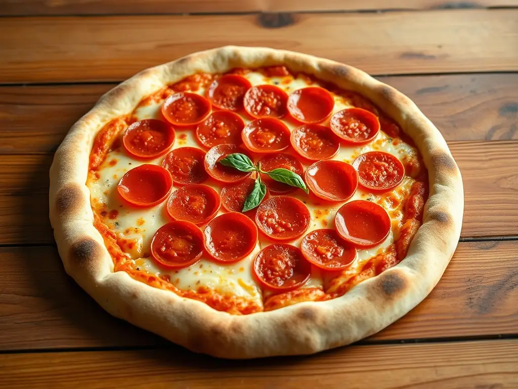A visually appealing image of a Pepperoni pizza with generous slices of pepperoni, melted cheese, and a perfectly baked crust, highlighting its savory and satisfying flavors.
