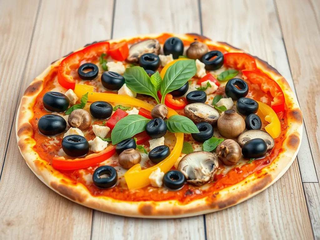A mouthwatering image of a Vegetarian pizza with a colorful assortment of fresh vegetables, including bell peppers, mushrooms, onions, and olives, on a delicious crust.