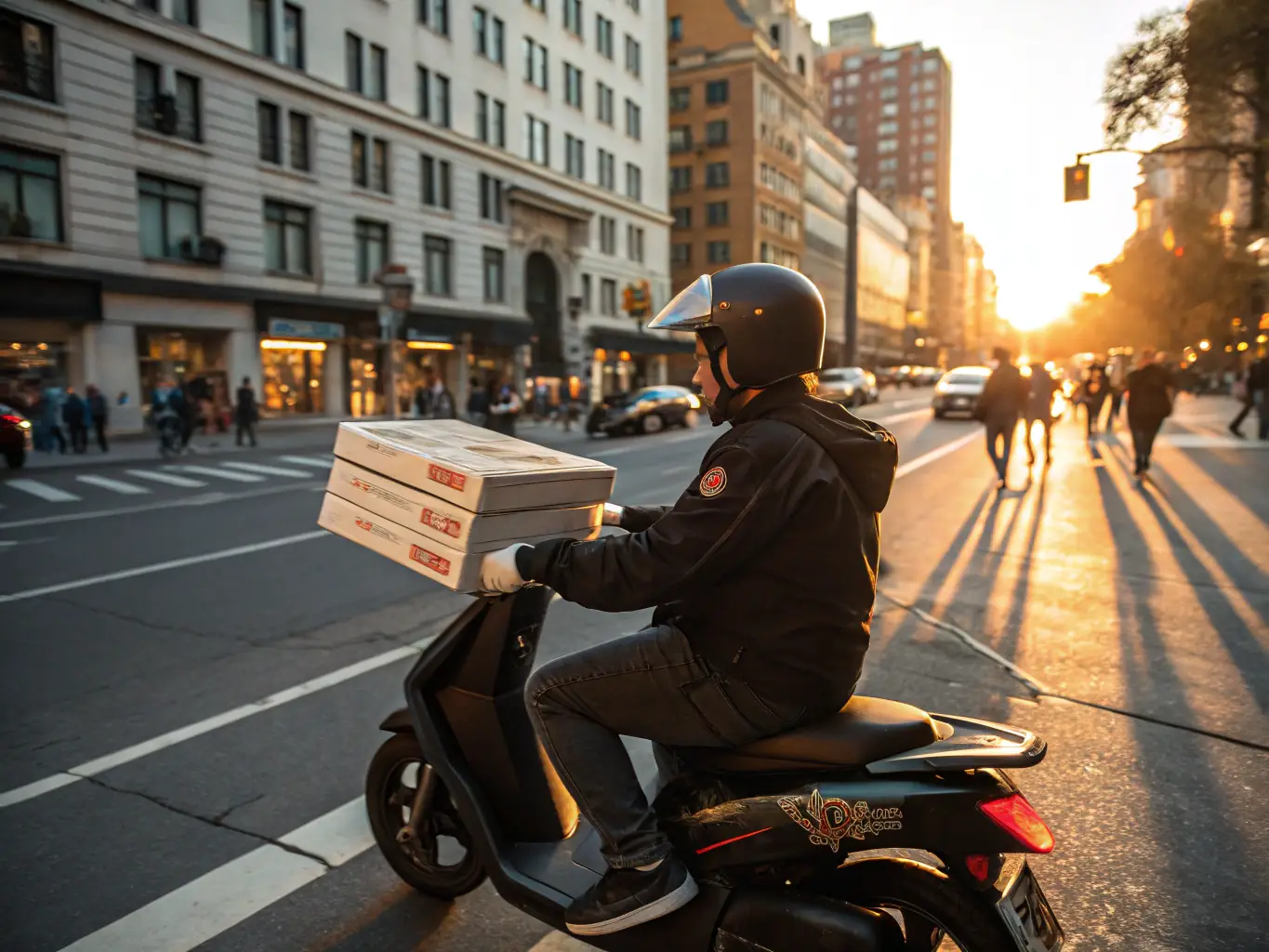 A delivery driver on a scooter carrying a Pizzaiolo pizza box, speeding through city streets at dusk.