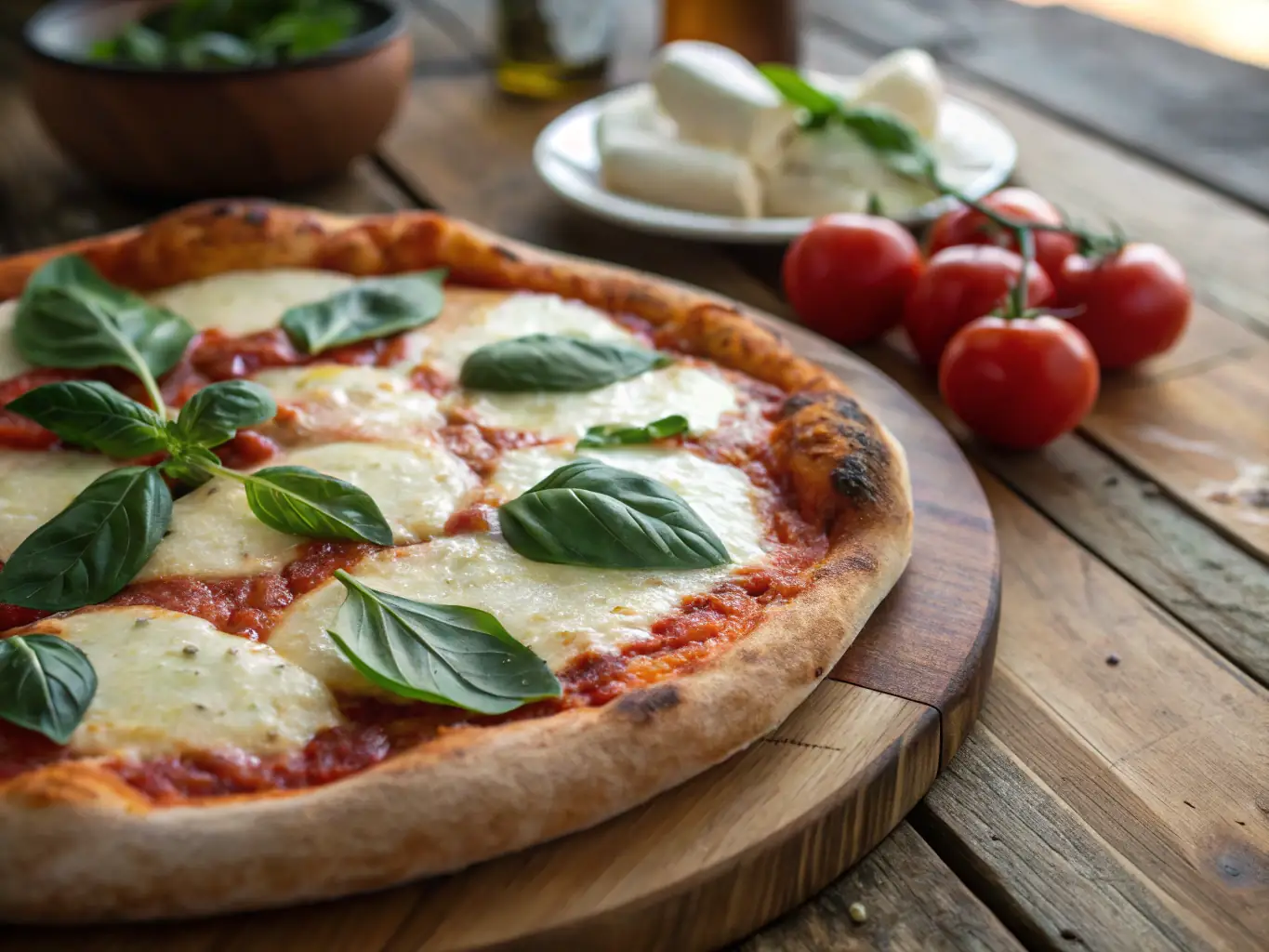 A vibrant, close-up shot of a Margherita pizza with fresh basil leaves, ripe tomatoes, and melted mozzarella cheese, showcasing its classic simplicity and fresh ingredients.