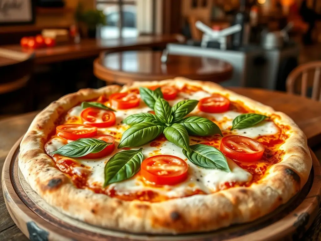 A vibrant, high-definition image of a Margherita pizza with fresh basil leaves and melted mozzarella, showcasing its simplicity and classic appeal. The pizza is presented on a rustic wooden board, highlighting the natural ingredients.