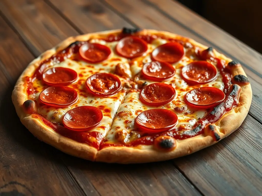 A mouth-watering image of a Pepperoni pizza with generous slices of pepperoni, melted cheese, and a slightly charred crust. The pizza is cut into slices, ready to be served, emphasizing its savory and comforting qualities.